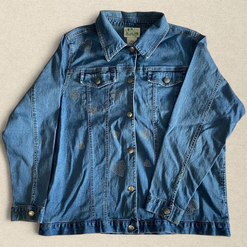 90s Denim Jacket Rhinestone Hearts sz L The Quacker Factory
